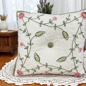 Vintage Shabby Chic Floral Embroidered Square Throw Pillow With Button Detail